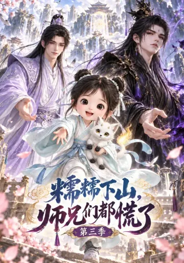 《糯糯下山，师兄们都慌了》AI漫剧封面,六岁的云糯糯背着黑铁巨剑